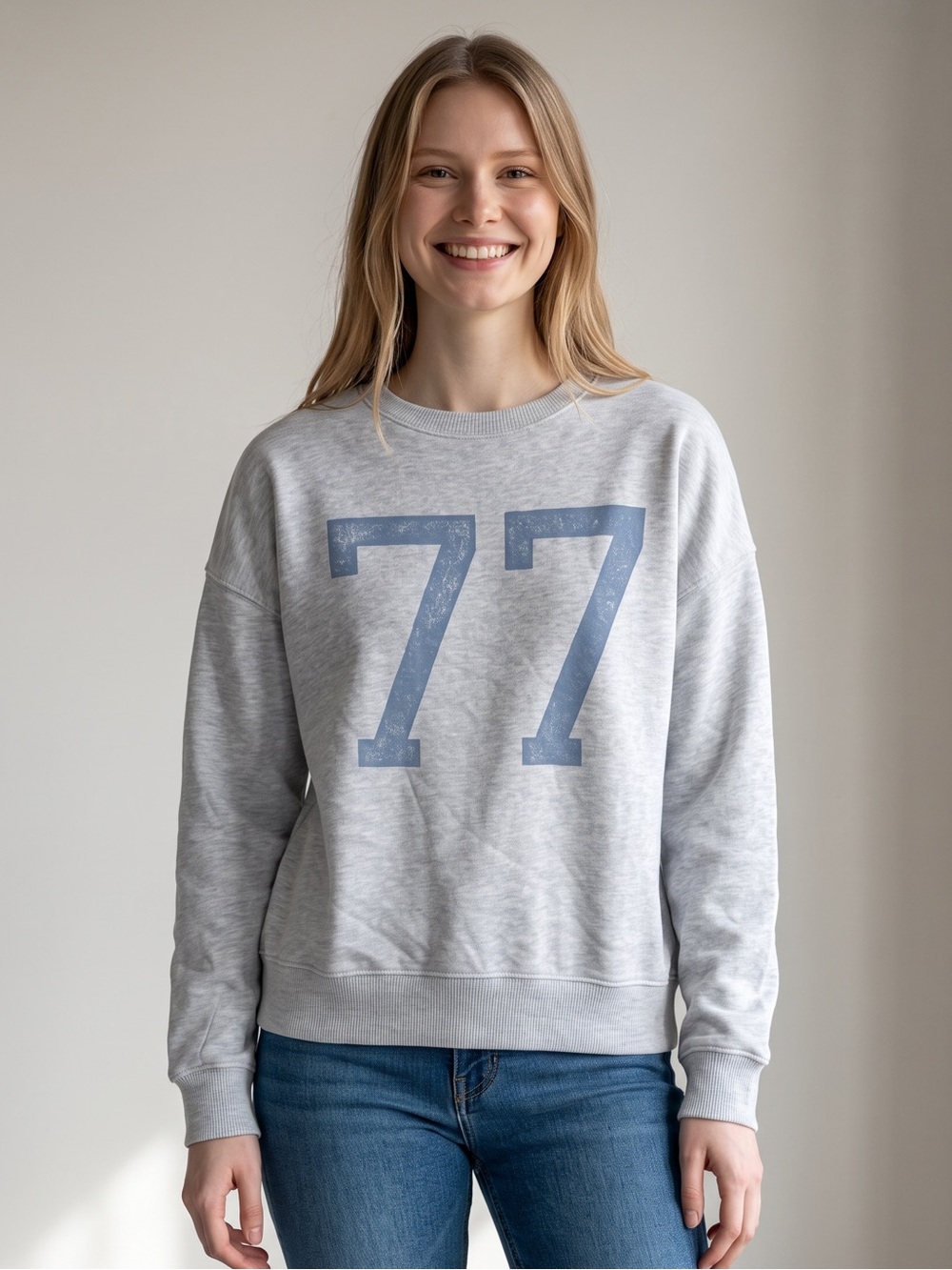American Eagle 77 Graphic Crewneck Sweatshirt Gray Blue Relaxed Fleece